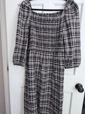LOFT Black and White Plaid Smocked Midi Dress